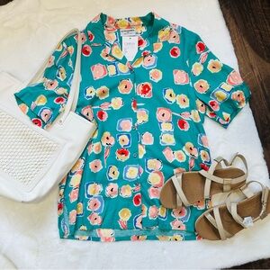 American Vintage Teal Graphic Button Down 3/4 Sleeve Blouse